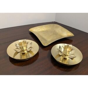 Vintage Brass Vanity Set‎ Lotus Candle Holders Brass Catchall Tray Hollywood...
